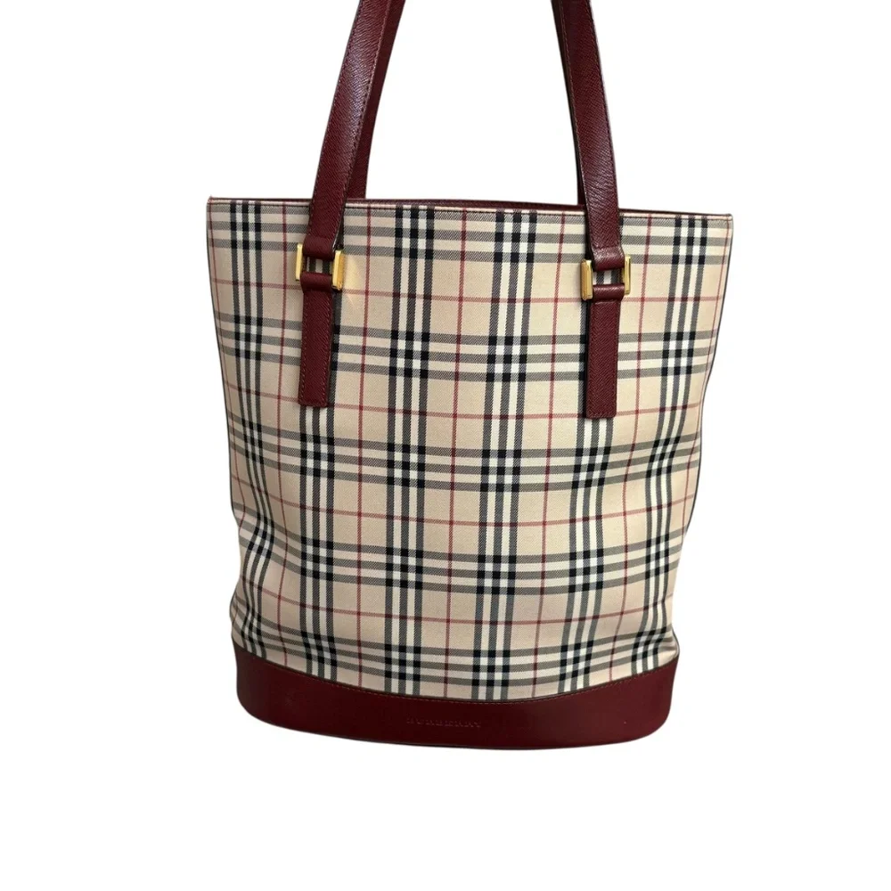Burberry vintage classic nova check and burgundy leather tote bag - Picture 2 of 16